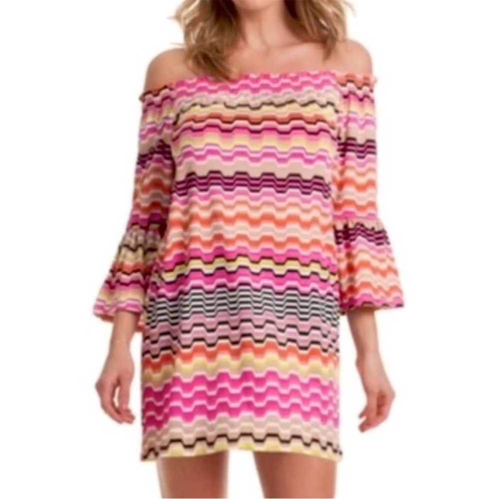NWT Trina Turk Geometric Striped Off Shoulder Bell Sleeve Swing Mini Dress - S
